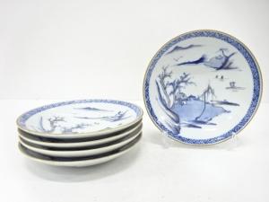 九谷焼　染付　山水　八寸皿　5客揃